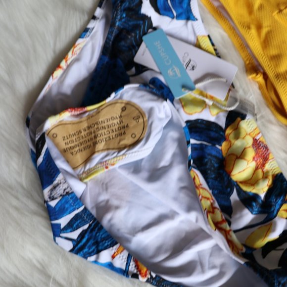 Yellow Blue Leaf High Waisted Bikini Set Sz M - Picture 4 of 7